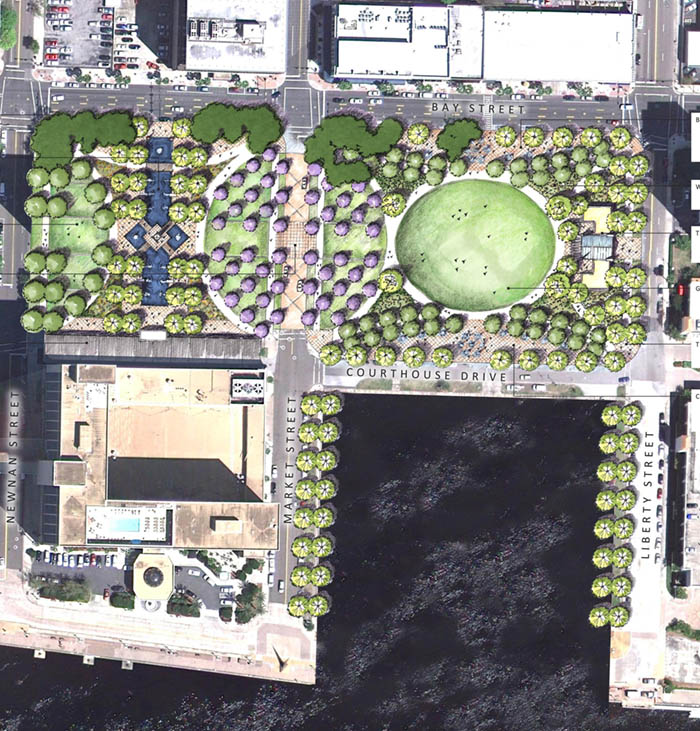 Click to view full-size graphic → CONCEPT DETAILS: City Hall Plaza would have a monument, fountains and a pool creating a dynamic public gathering space. Newnan Commons , a lawn at the edge of Newnan Street, would be a venue for cultural/civic events and community gatherings. Market Grove , a circular space straddling Market Street, allows the street and right-of-way to become a part of the park and hold east and west parcels together. A potential venue for civic/cultural events that allows for temporary closure of Market Street. Hyatt Loggia , along the rear of the Hyatt Regency Jacksonville Riverfront hotel, would provide a venue for wedding groups, etc. Bay Street Plaza has a seat wall with shade trees and interactive at-grade water plaza. It would be a gathering place with potential to support food vendors and programmed events and would capitalize on the Bay Street activity zone. Wetland Cells provide a location for alternative storm-water storage and treatment. The Conservatory could be a civic, group meeting, or cultural venue as the eastern “anchor” of park blocks. Great Lawn is non-programmed open space, suitable for parties, recreation or highly programmed fairs, cultural and community events. The Promenade is an avenue of live oaks organized to connect the Bay Street activity zone with the St. Johns River and the Riverwalk. Courthouse Plaza has a seat wall with shade trees and interactive at-grade water plaza. It would be a gathering place with potential to support food vendors and programmed events.