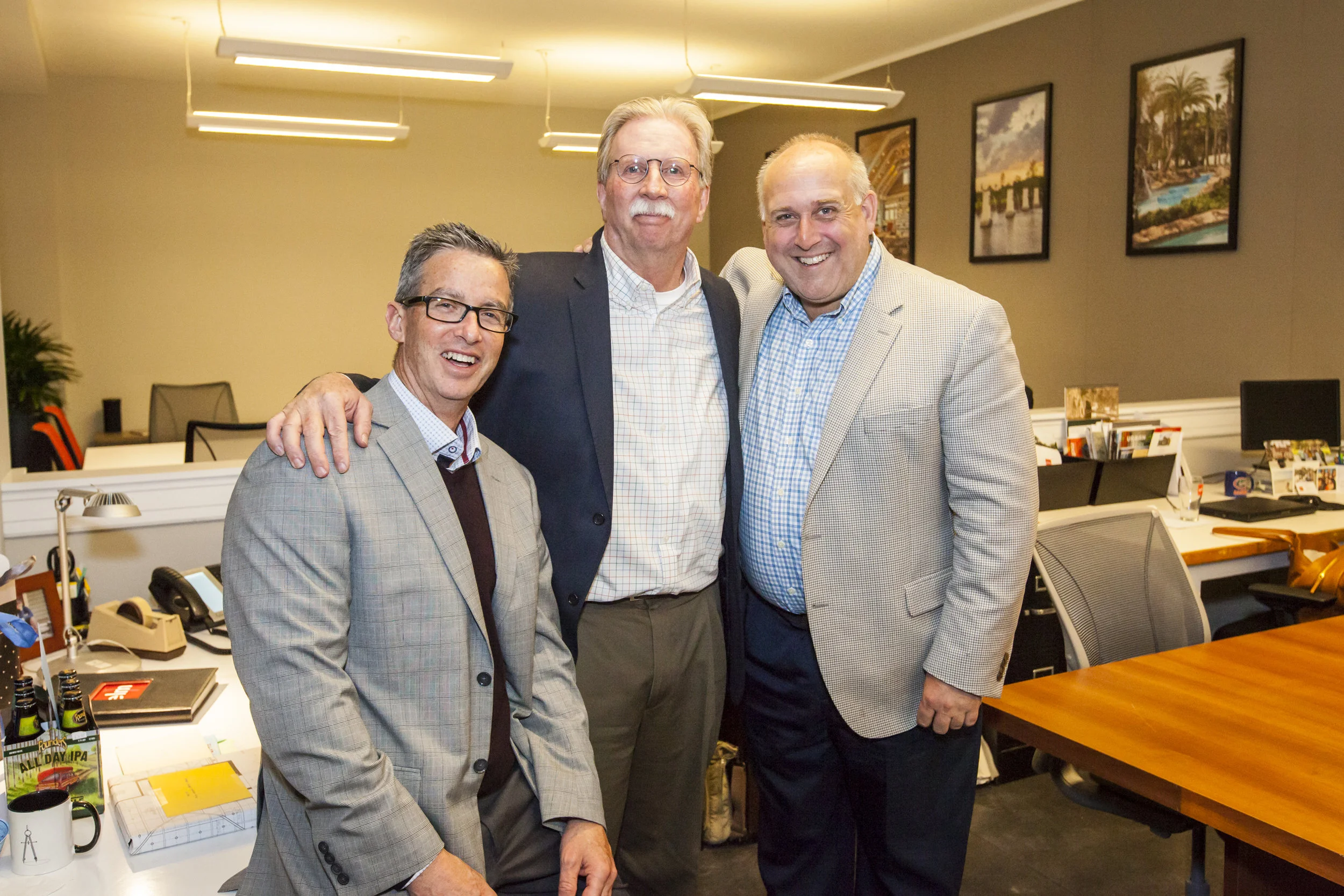 Russ Ervin, Tim Miller and Steve Lovett at Tim’s retirement celebration in 2018.