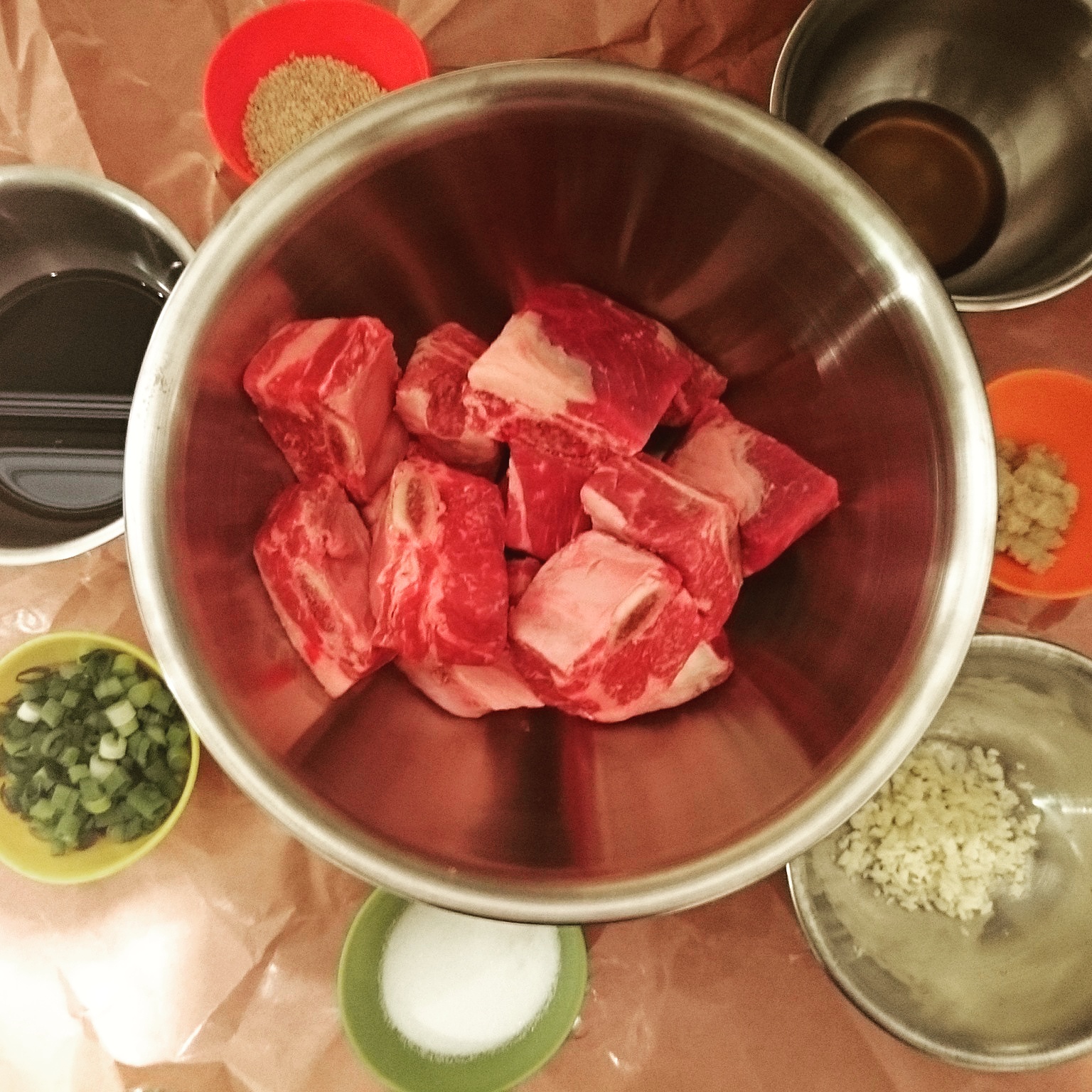 All the ingredients for my Dad's beef shortribs recipe. Beautiful beef shortribs from Slater's Meats. I prepared and marinated the beef overnight like he always did when he cooked this dish for us.