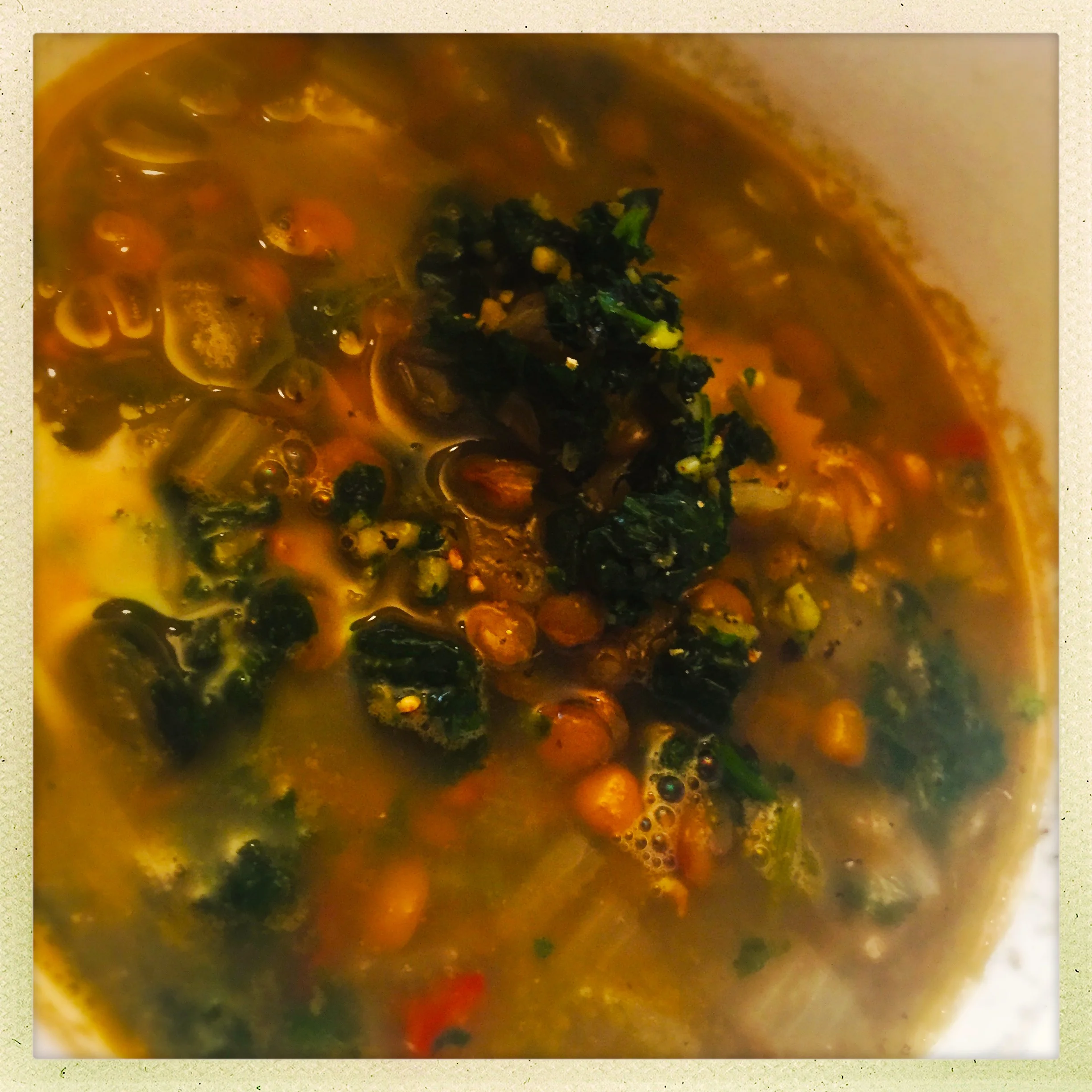 The ultimate feel good soup with coriander and garlic garnish: warming and wholesome
