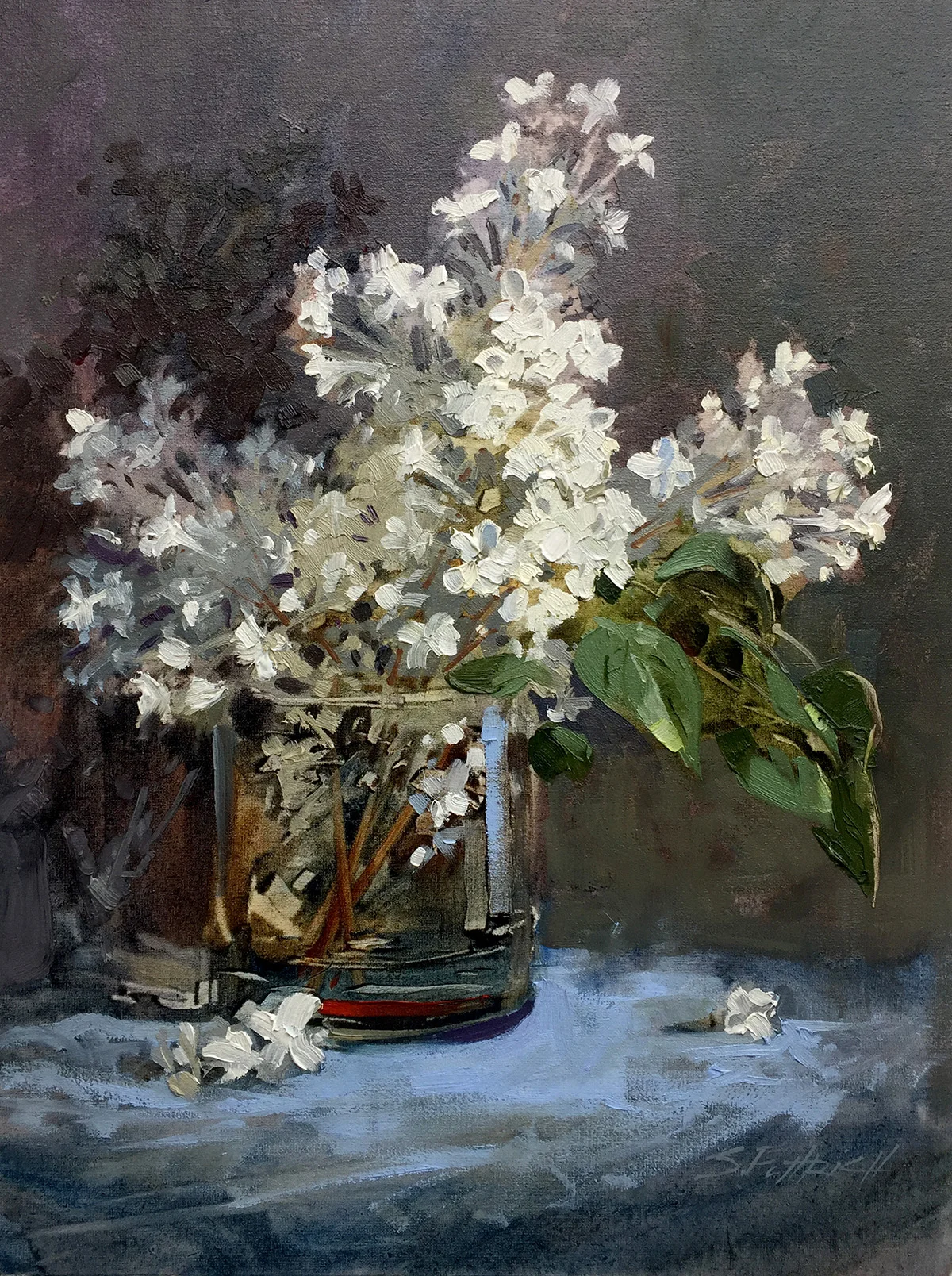 Title: Lilacs in a Glass In the final days of Édouard Manet's life, he was homebound with illness. Friends would bring him fresh flowers as gifts. He would in turn paint these flowers in various still life's in glass vases This is my ode to Édouard Manet's and his flowers. Medium: Oil on Canvas Size: 12" x 16" Status: Dry and ready for your frame.