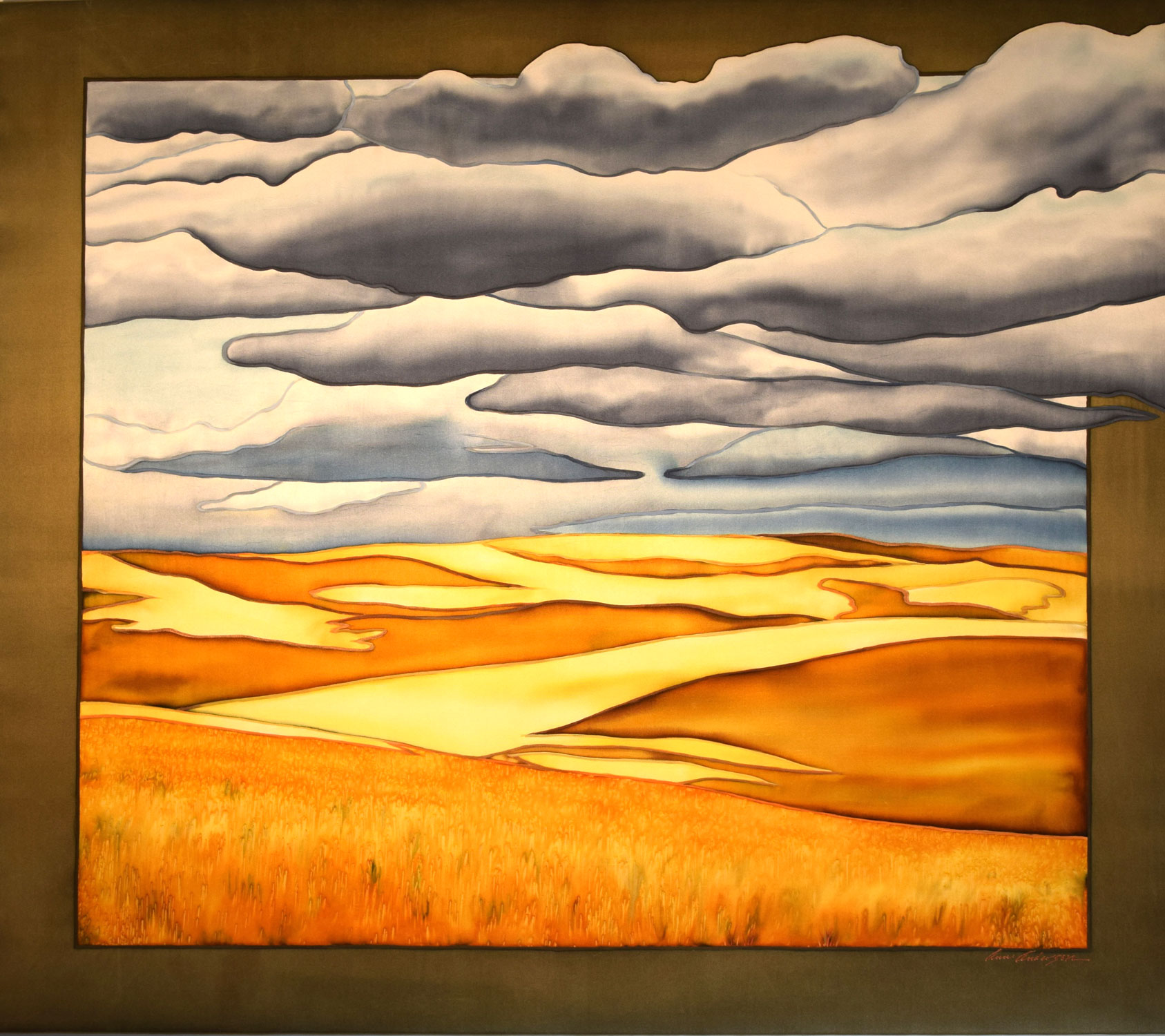 PEACE IS GOLDEN. &nbsp;DYES ON SILK, 43 X 38. &nbsp;$1775