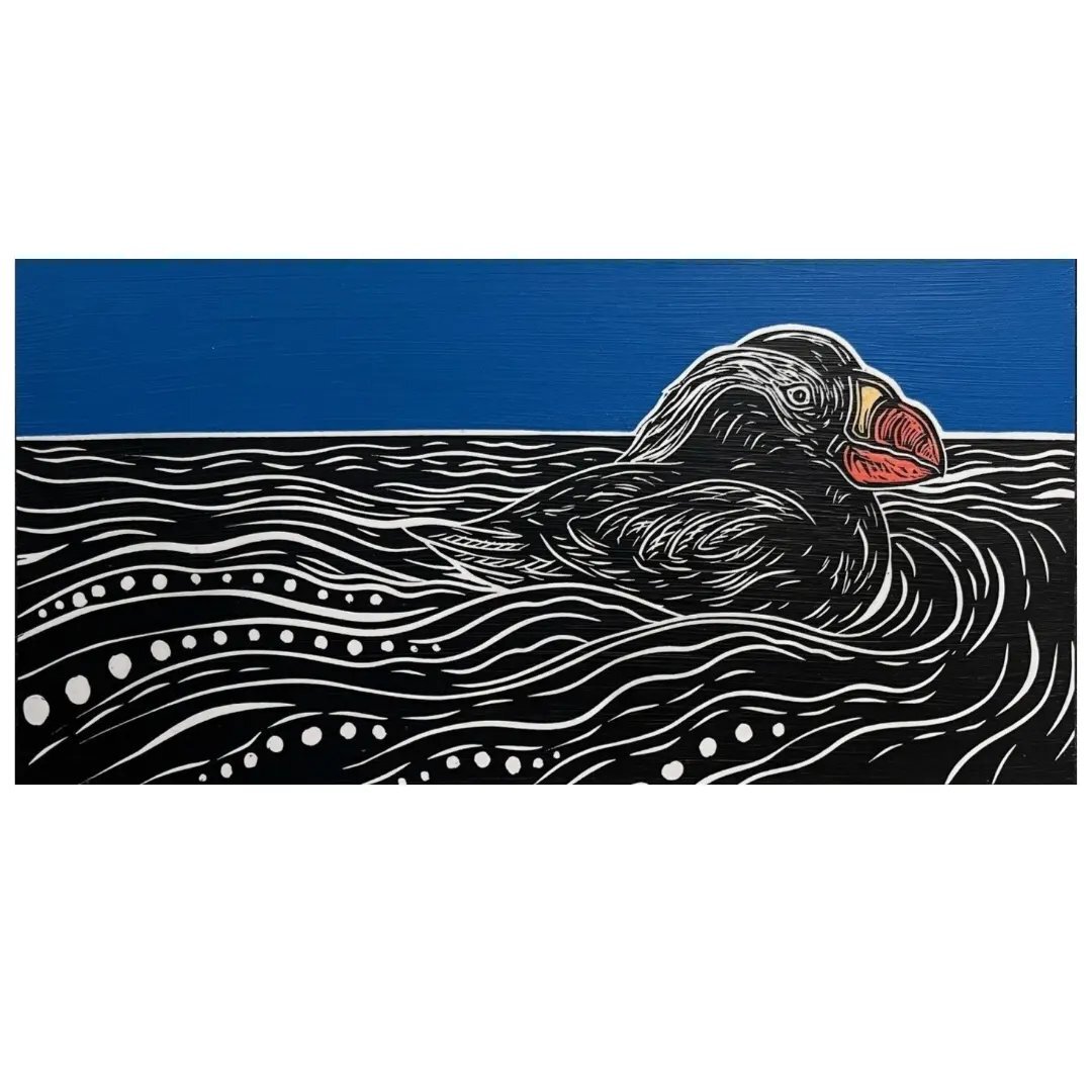 Beautiful new Leslie Nan Moon linocuts arrived to DragonFire the same day the puffins returned to town. The connection between Moon's art and the puffins' journey to Haystack Rock is a lovely reminder of the harmony between art and the environment. I