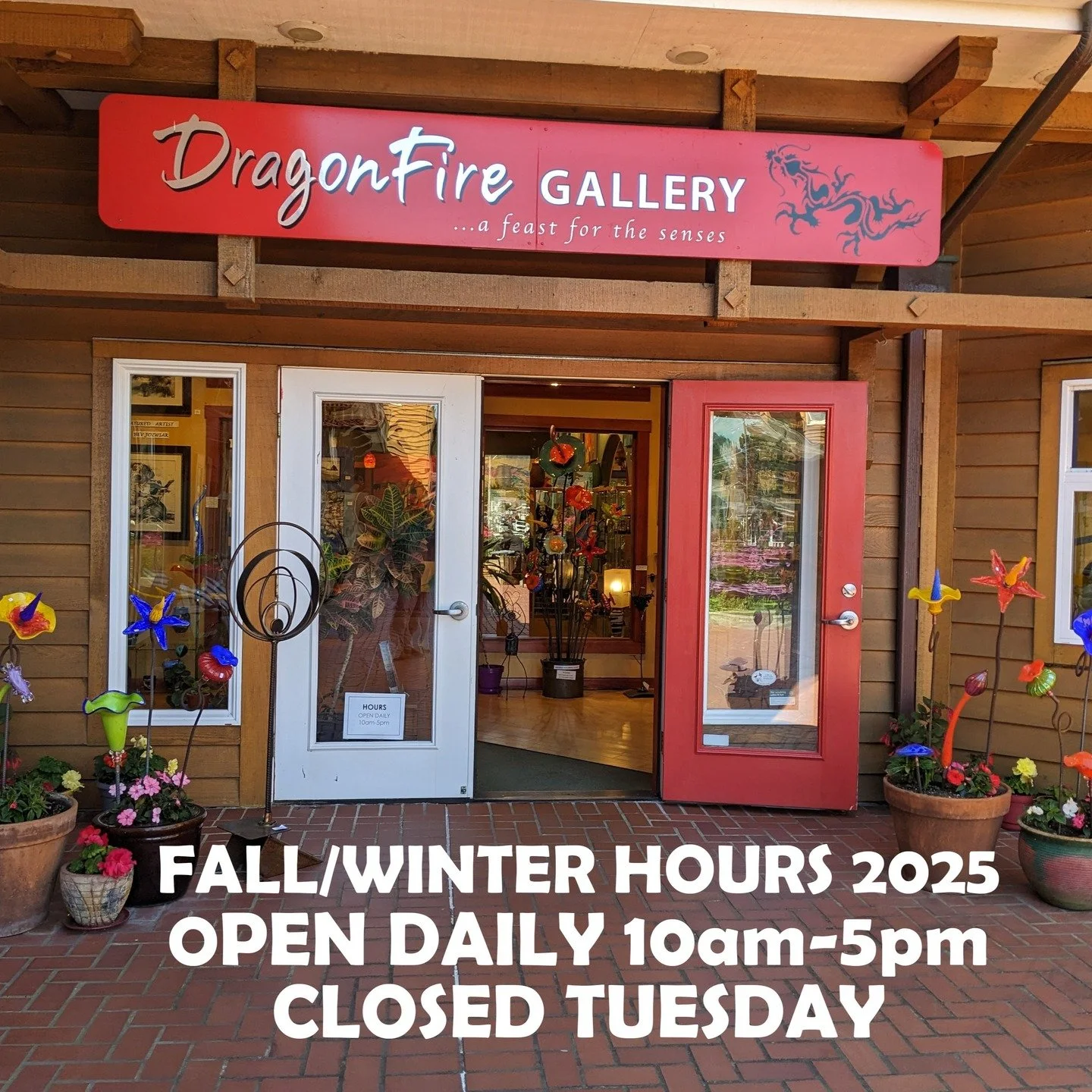 Please note our new hours for fall &amp; winter. The new schedule begins Tuesday, October 28th. 

#dragonfiregallery #businesshours #cannonbeach #haystackrock