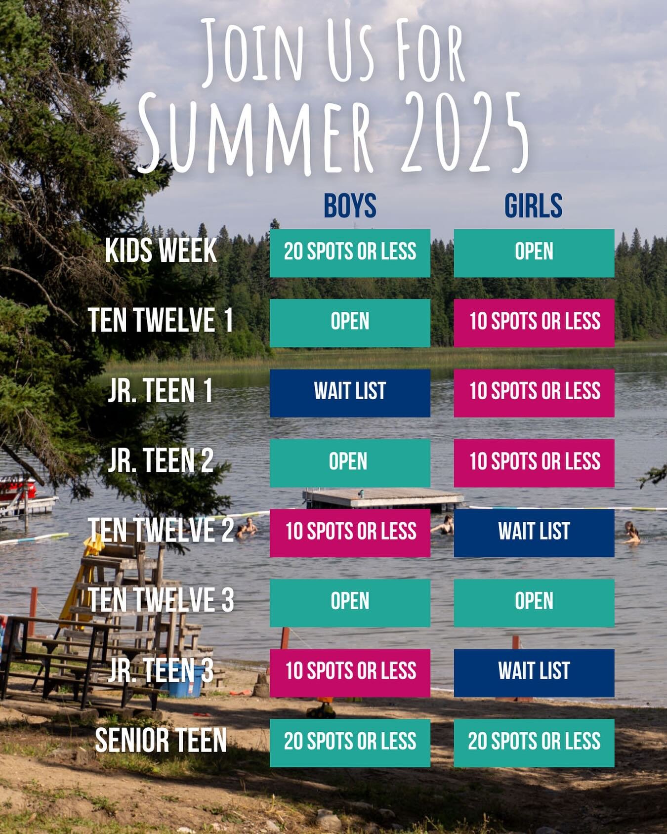 A quick snapshot of our 2025 summer camp availability 🥳 Grab your spot today to have the Best. Summer. Ever!
Unsure about coming for a full week? Come try it out for ONE DAY on June 6, 2025! Bussing available from Saskatoon to Camp Kadesh and back