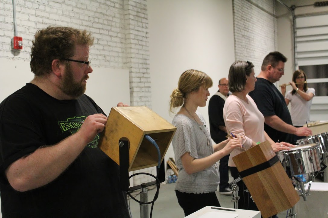 Band rehearsal with Salina Symphony percussionists Garret Ward, Hannah Antholz, Bridget Long, Eric Corby and Dean Kranzler. Julia Lankhorst on flute.