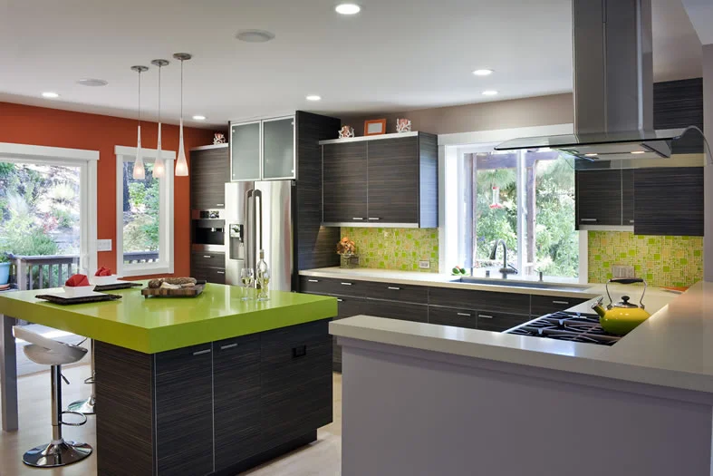 Colorful contrasts and metal accents make this kitchen pop.