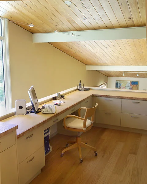 A loft office with heated marble counter.