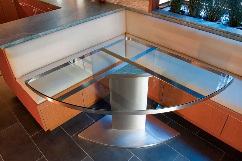 This unique shape works with the custom banquette.