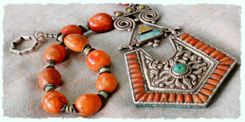 Mexican coral and Turkish turquoise pendant necklace