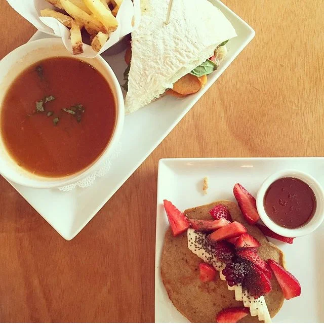 Our meal at Bulali. I had a vegan, grilled vegetable sandwich with baba gannoush and the tomato soup. Yucca fries on the side. Delish!