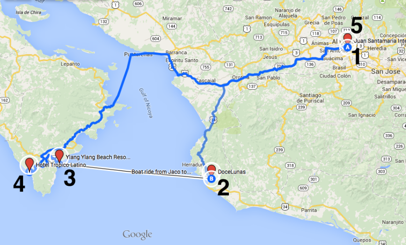 We started in San Jose. We took a shuttle to Jaco, a speed boat to Montezuma, a shuttle to Santa Teresa, and then a ferry back to San Jose!