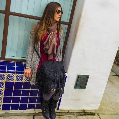 Vegan leather purse and scarf from Gisele Tune on Ventura Blvd.