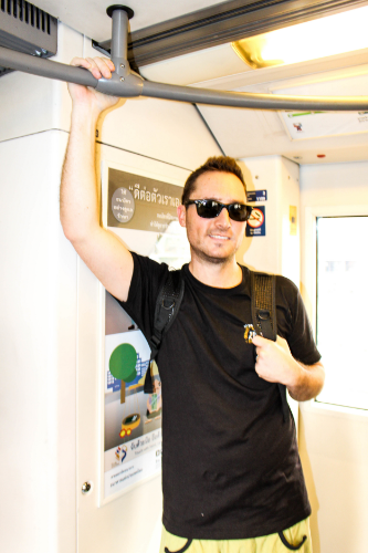 Pete on the Sky Train in Bangkok.
