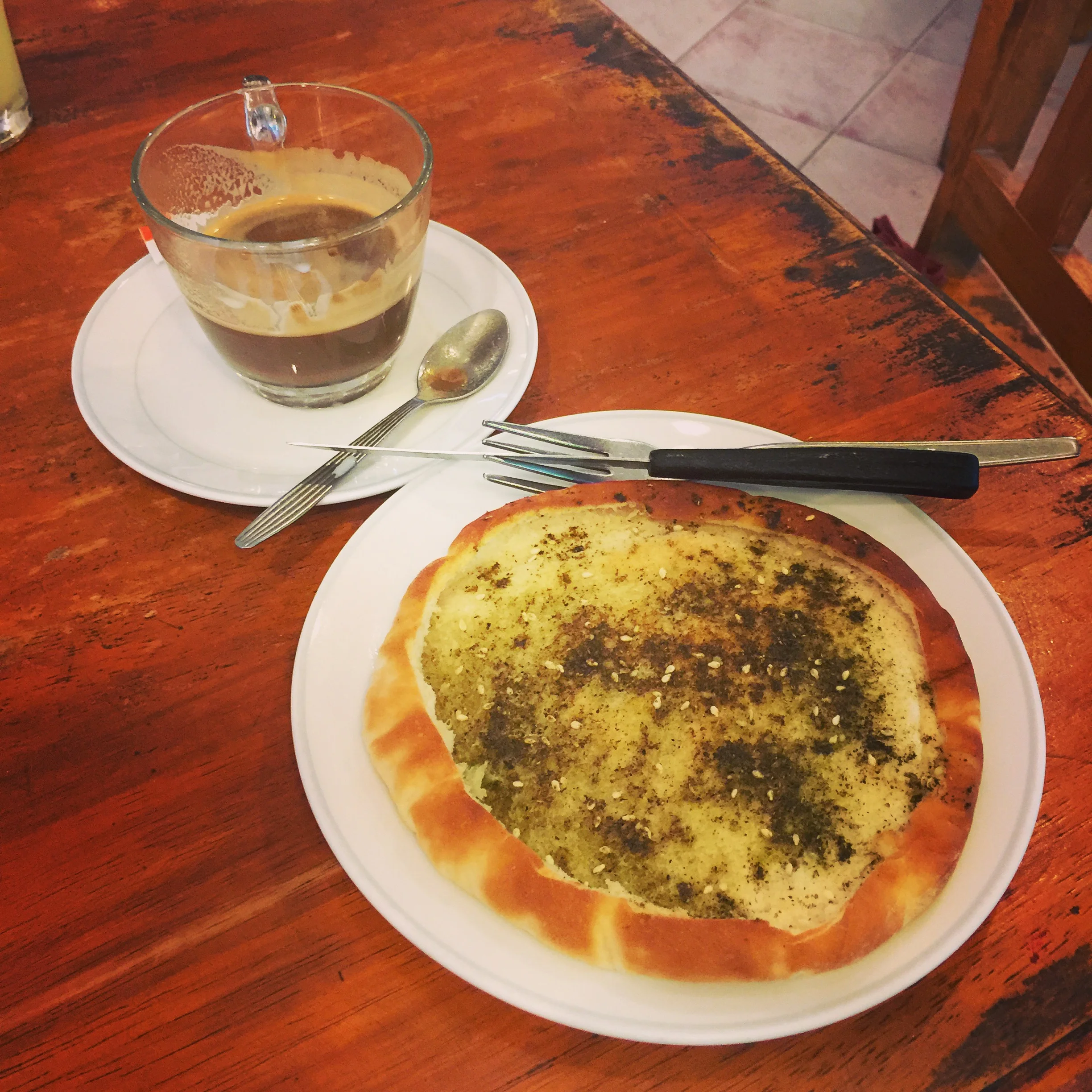 Za'taar flatbread and espresso from Paprika Restaurant in Haad Rin, Koh Phangan, Thailand.