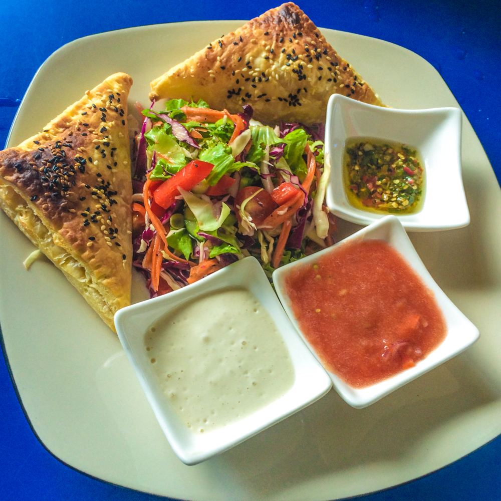 Vegan cheese Borekas from House of Hummus , a vegan restaurant in Koh Phangan, Thailand.