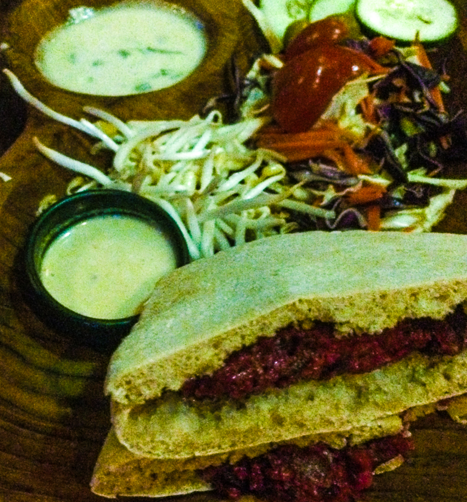 Yummy! This is their "Beetroot Burger" - black beans, brown rice, beetroot and more.
