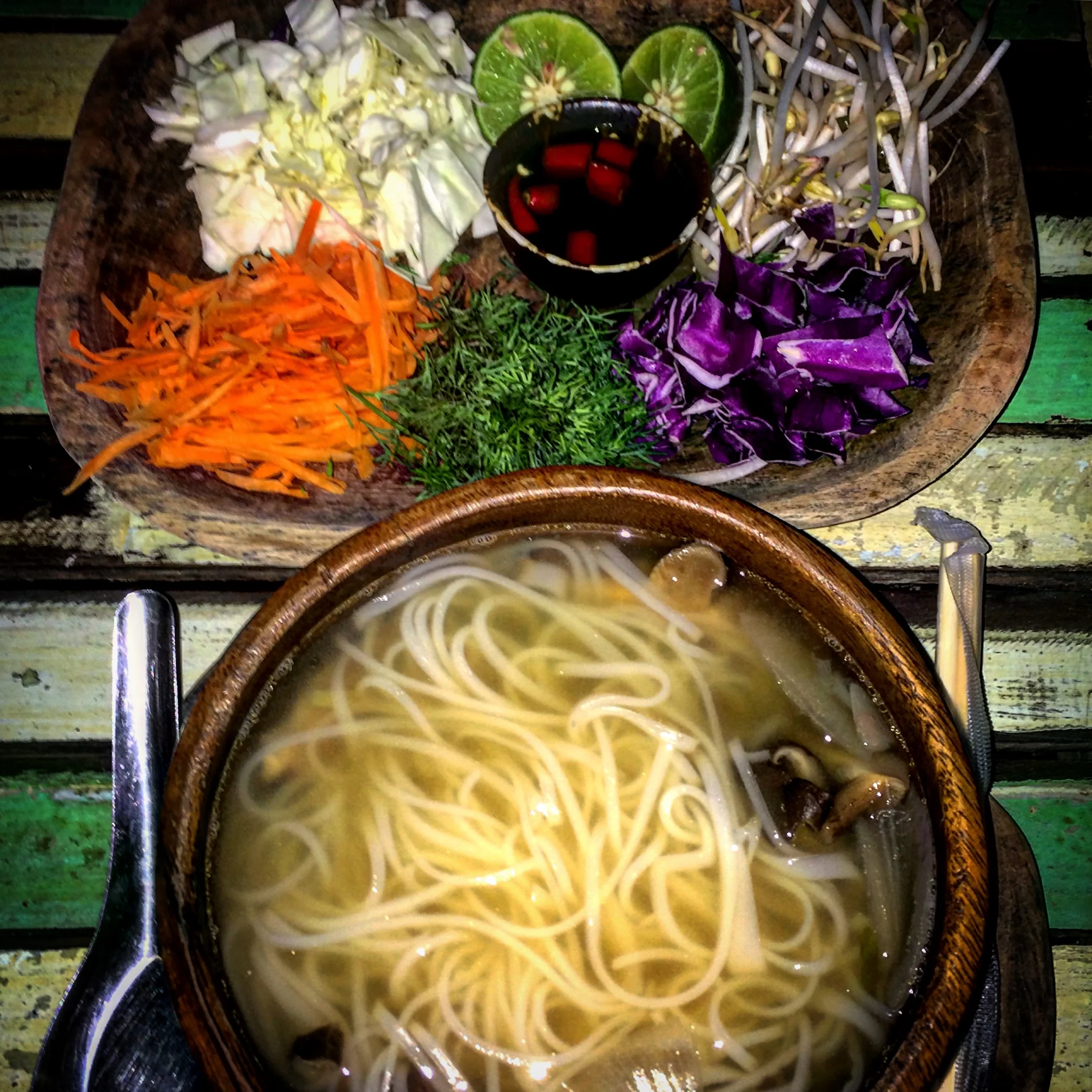 Vegan Pho - a spicy, tangy treat (we put all the chili sauce in and we were almost spiced out!!!). Served with rice vermicelli noodles.