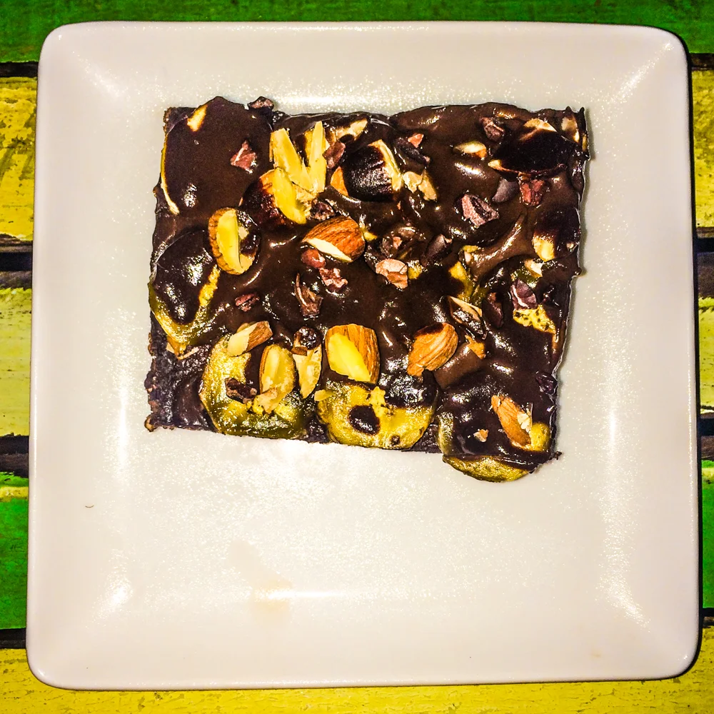 Vegan Flapjack dessert with chocolate, almonds, banana, and lots of other goodness!