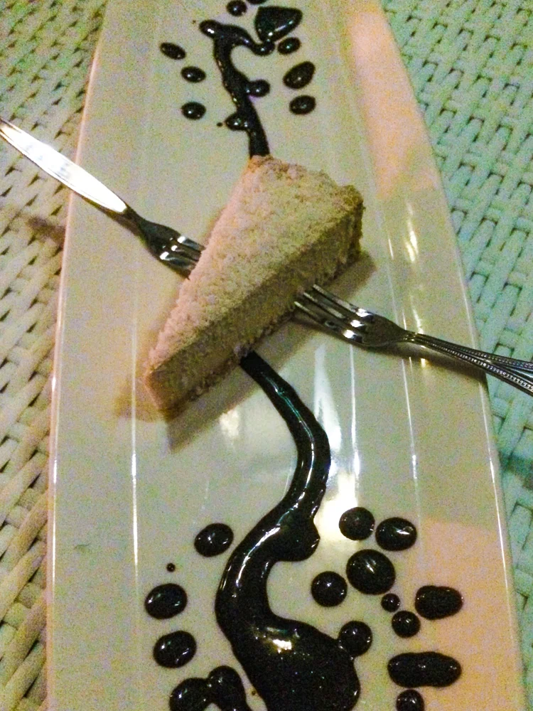 Raw coconut cheesecake with raw chocolate sauce - we licked the plate!