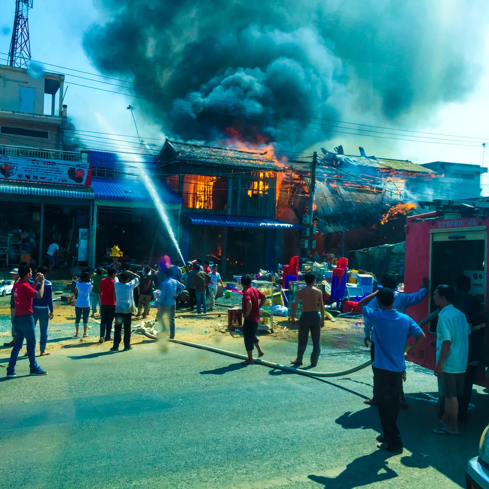 A devastating fire that we witnessed from the bus on the way to Sihanoukville. Many people were burning fake money and other valuables as a gesture for their deceased loved ones on Chinese New Years.