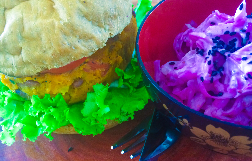 The Veggie Burger - 200 grams of prime sweet potato & kidney bean pattie served on a whole meal bun with cashew cheese & coleslaw. The coleslaw was so amazing!