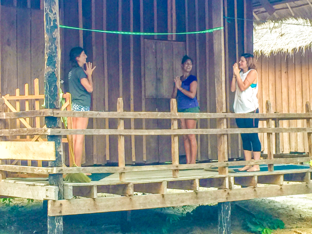 Teaching yoga to Lucie, the monkey handler, and a fellow volunteer, Jessica.