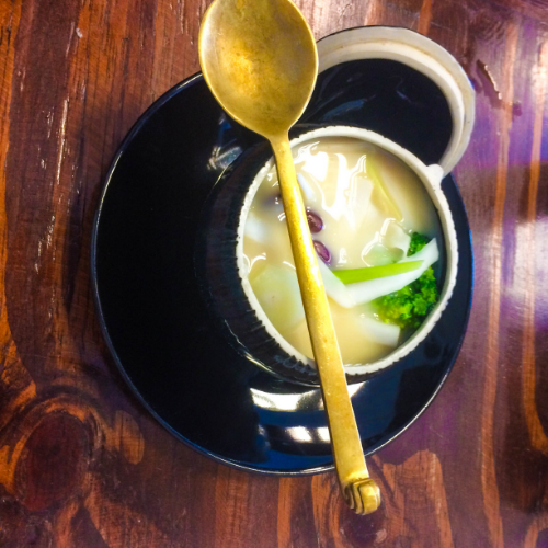 Vegan Tom Kha soup from Mango Restaurant in Bangkok.