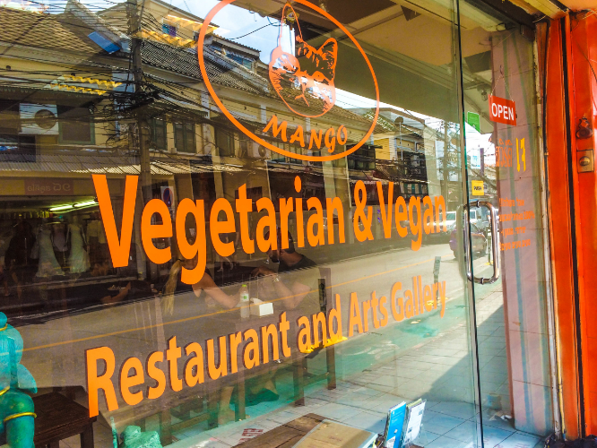 The outside of Mango Vegan & Vegetarian Restaurant in Bangkok, Thailand.
