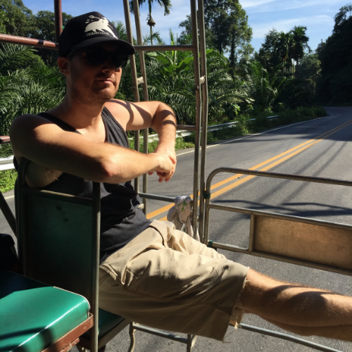 Pete on the taxi to meet the bus to Phuket.