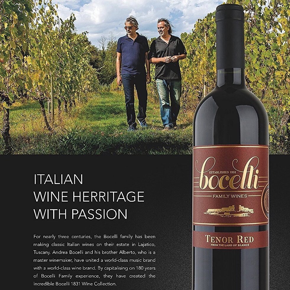 Bocelli Tenor Red Super Tuscan sings just like the tenor it is named for! Bringing together beautiful wine, voices and art. 

A Super Tuscan with aromas of bright cherry, cassis, sage and cocoa. 34% Cabernet Sauvignon 33% Sangiovese 33% Merlot ABV 13