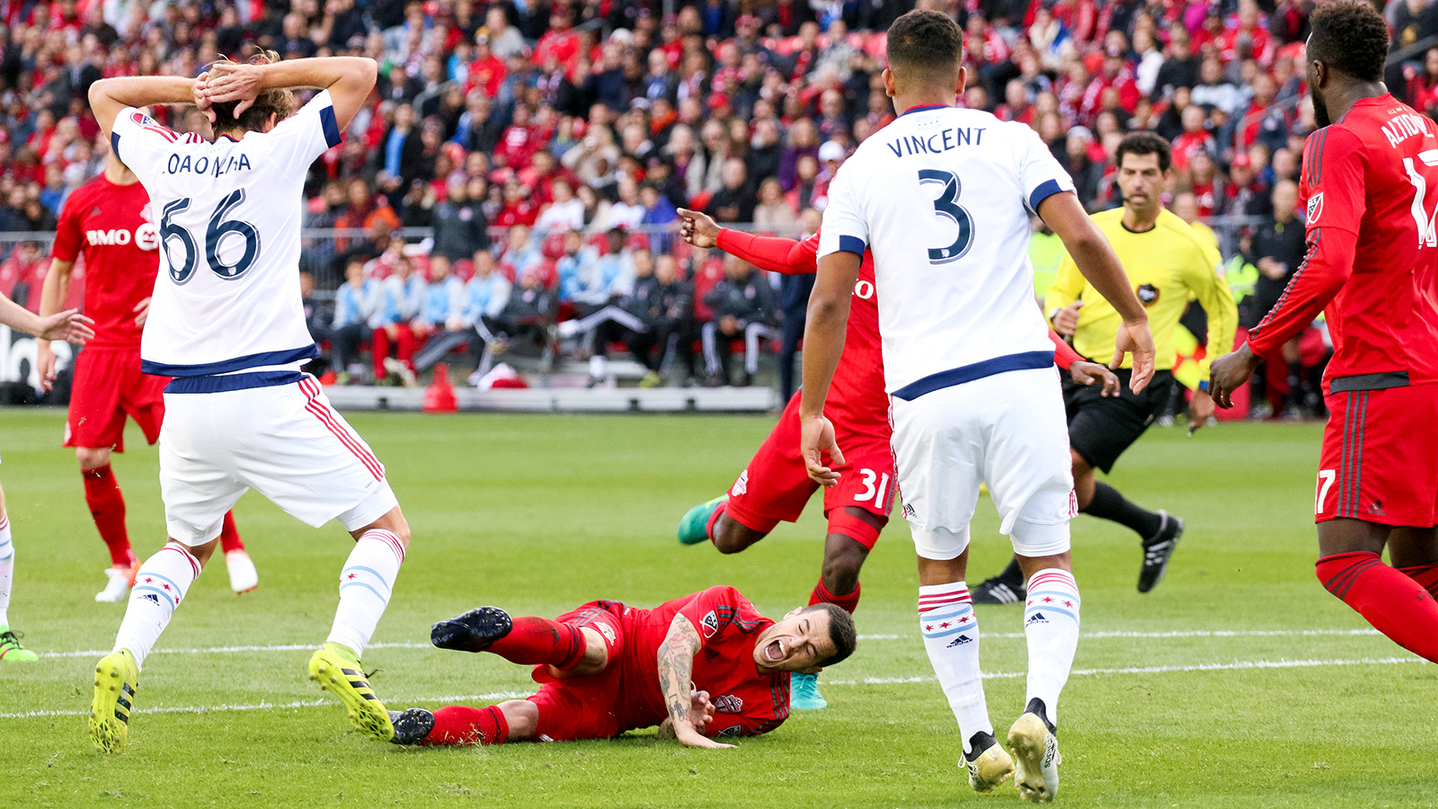 Giovinco taken to the ground once again during the second half.