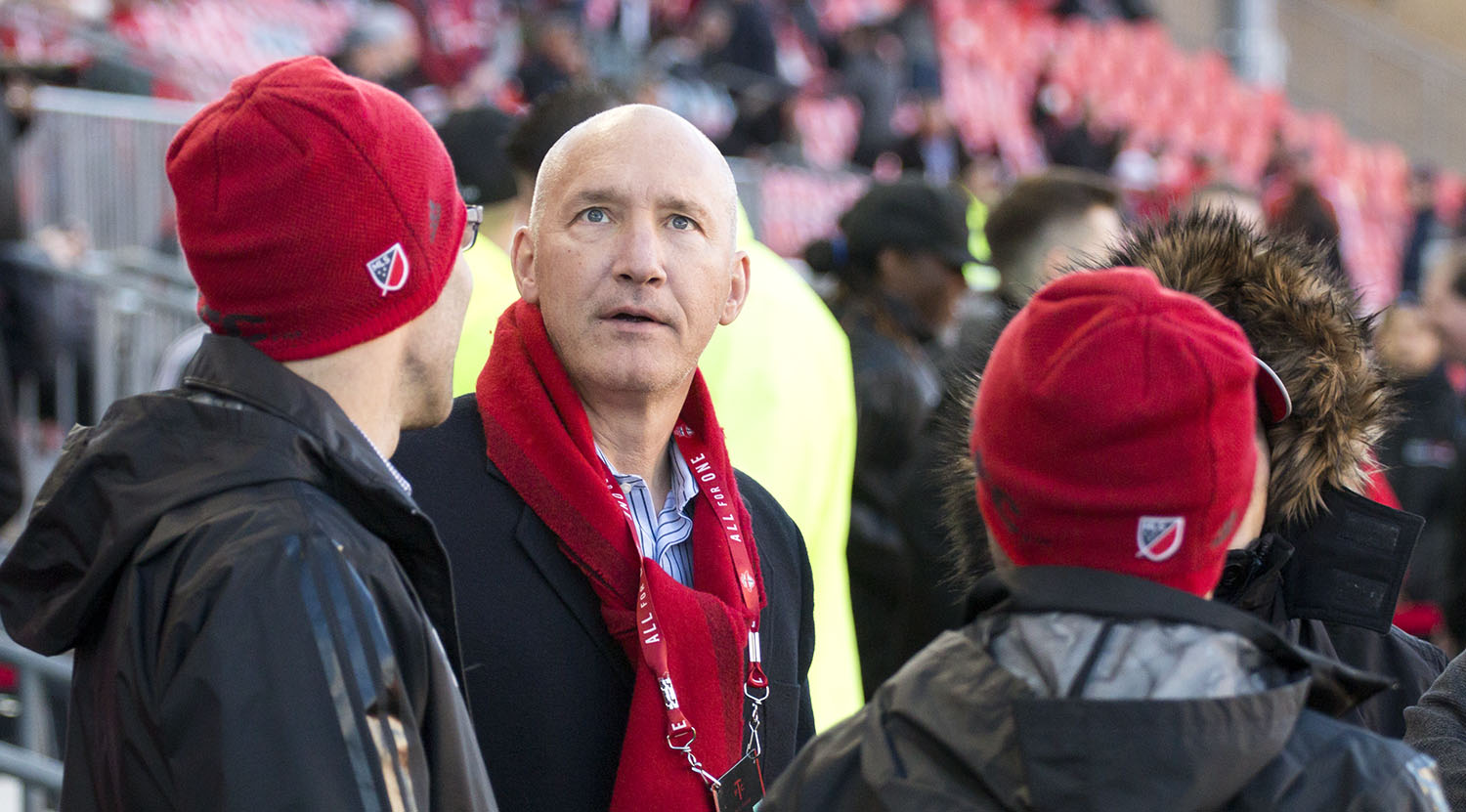 Bill Manning in the Toronto FC techinical area before the match againts Atlanta United in 2017 at BMO Field. Image by denMAR edia. 