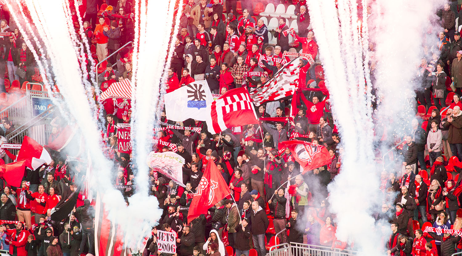 Fireworks shower the South End Supporters section at BMO Field on April 8, 2017. Image by Dennis Marciniak of denMAR Media.