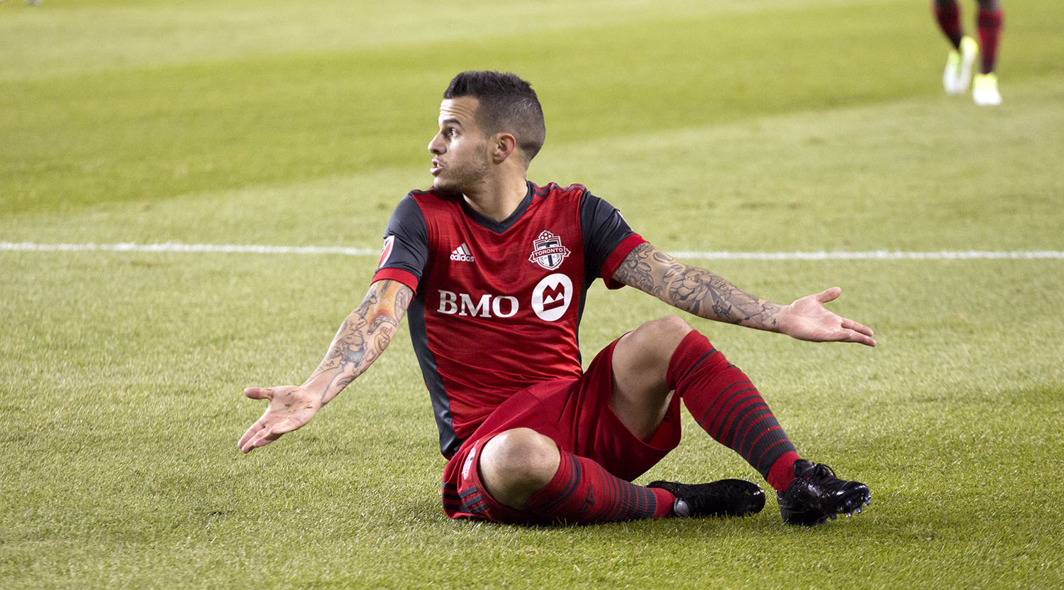 Giovinco on the floor complaining about a missed call. Image by Dennis Marciniak of denMAR Media.