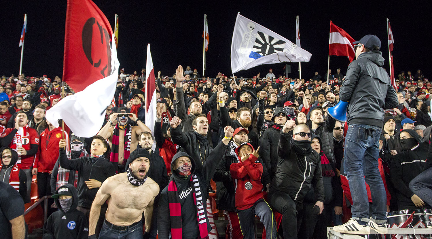 South End SUpporters making all kinds of noise at a Toronto FC game against Atalnta United FC. Image by Dennis Marciniak of denMAR Media