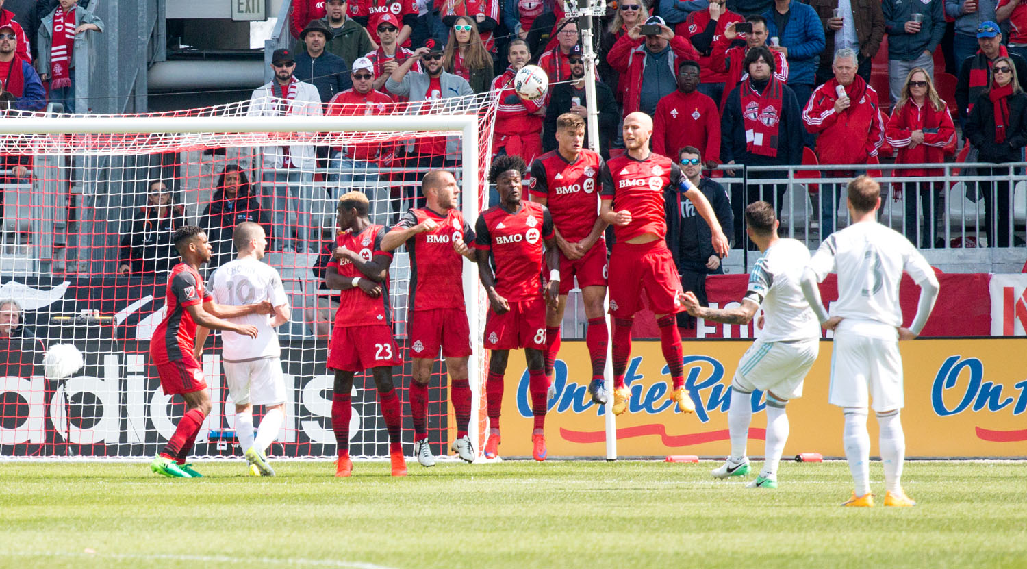 Toronto FC makes a defensive wall during a free kick from Minnesota United FC on May 13, 2017.