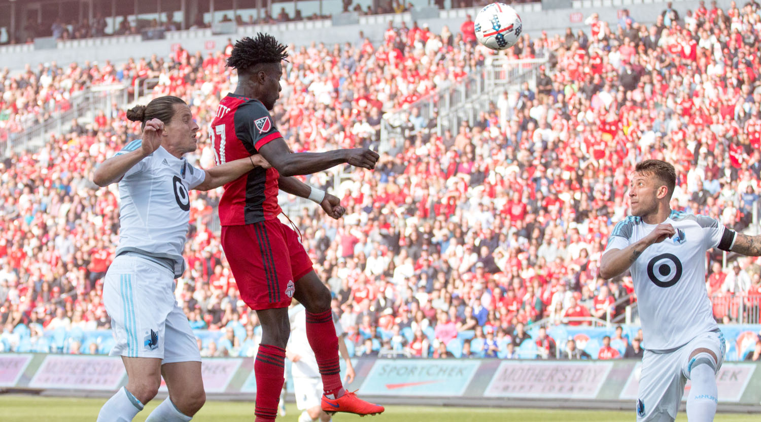Tosaint Ricketts scoring the game winning goal through a beautiful header on May 13, 2017. Image by Dennis Marciniak of denMAR Media.