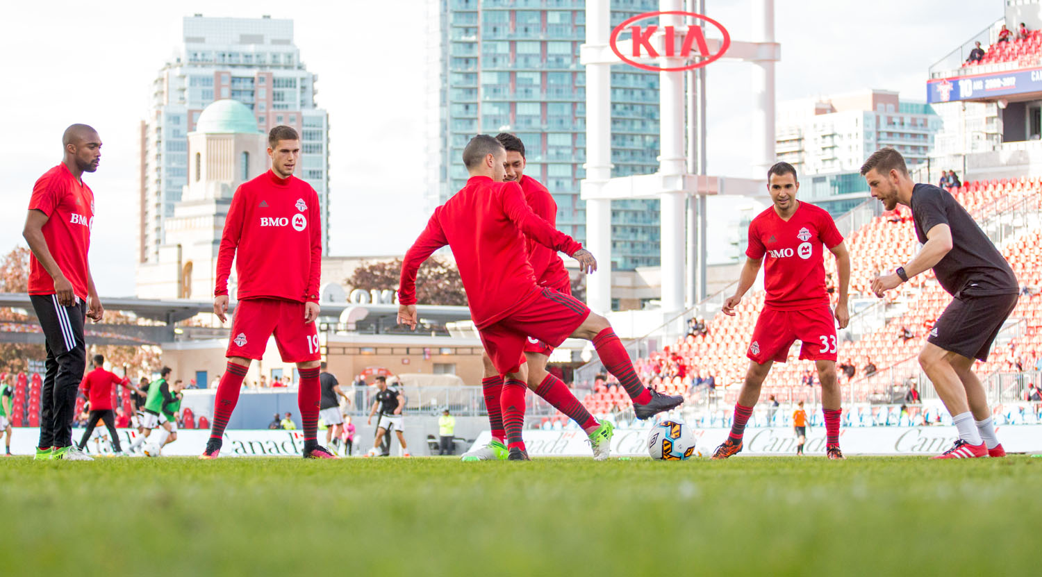 Toronto FC warms up before a Canadian Championship match in 2017 against the Ottawa Fury. Image by Dennis Marciniak of denMAR Media.