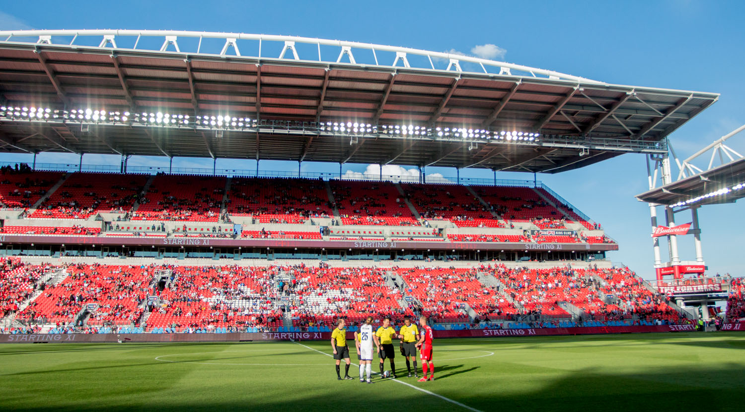 The coin flip at BMO Field during a Canadian Championship game where Ottawa Fury visted Toronto FC in May 2017. Image by Dennis Marciniak of denMAR Media.