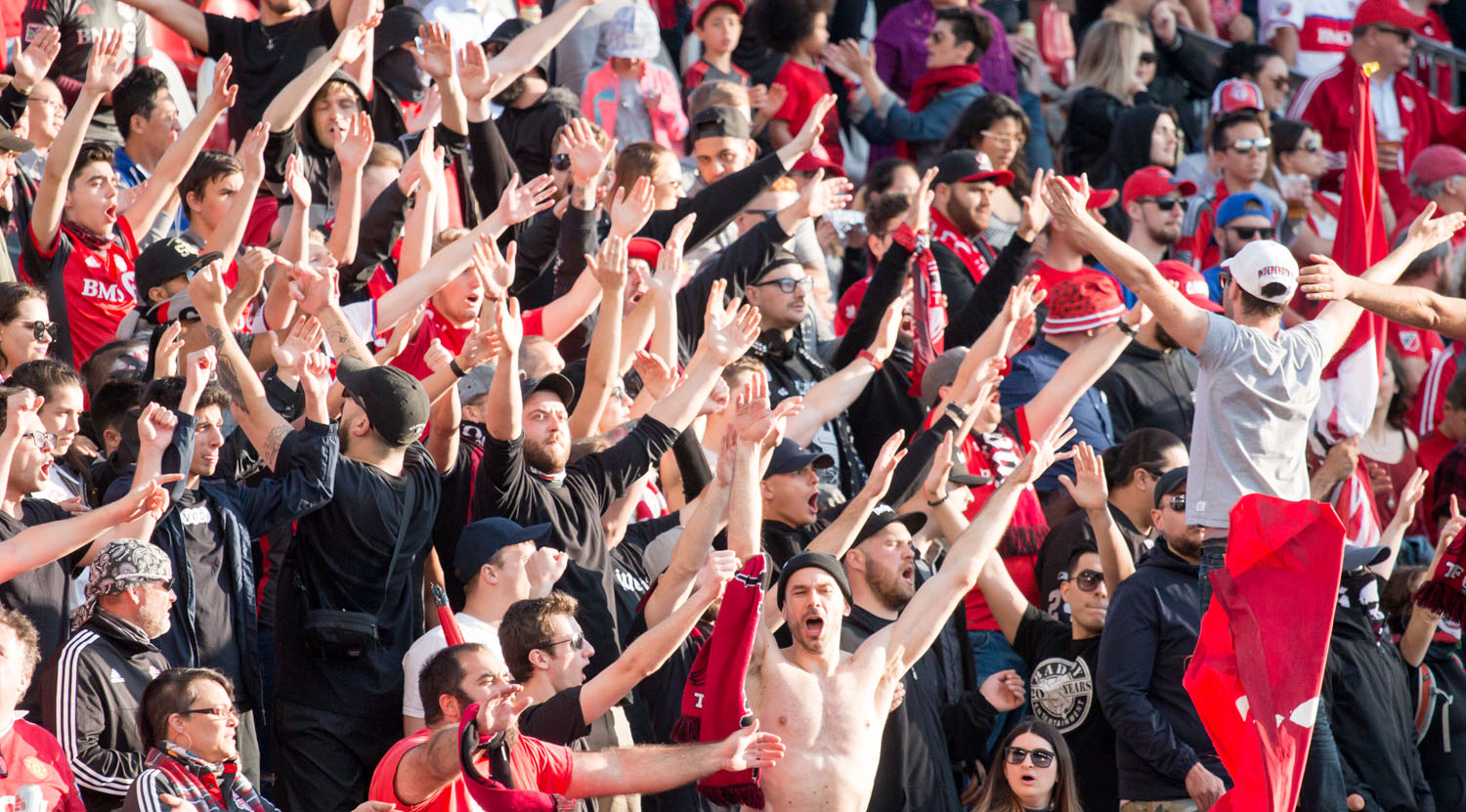 South end Supporter's section killing it with the noise during the 2017 Canadian Championship semi final. Image by Dennis Marciniak of denMAR Media.