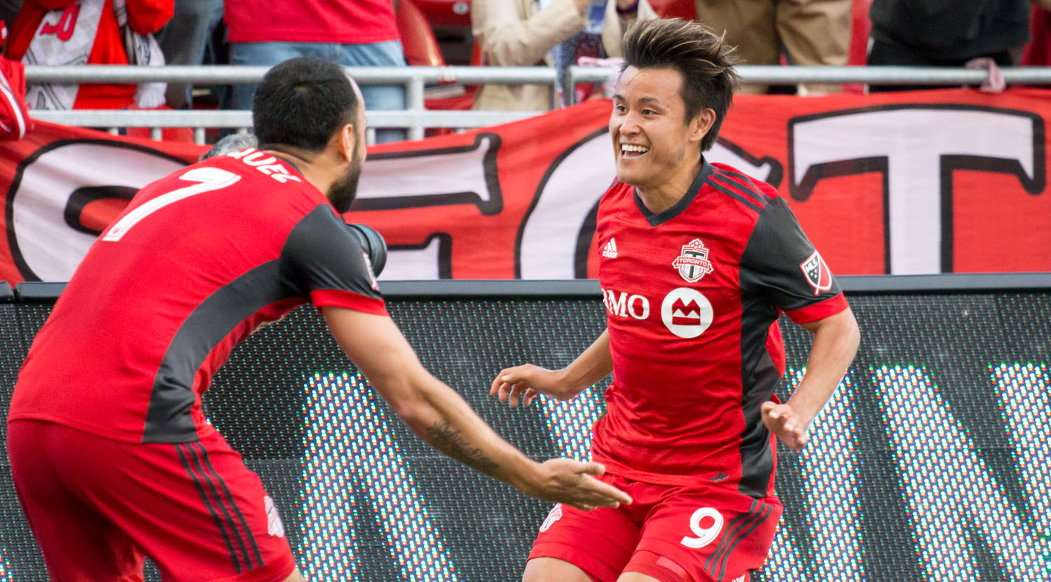 Tsubasa Endoh and Víctor Vázquez celebrating a beautiful goal to take it to 2-0 over the Ottawa Fury during the second leg of the Canadian Championship in 2017. Image by Dennis Marciniak of denMAR Media.