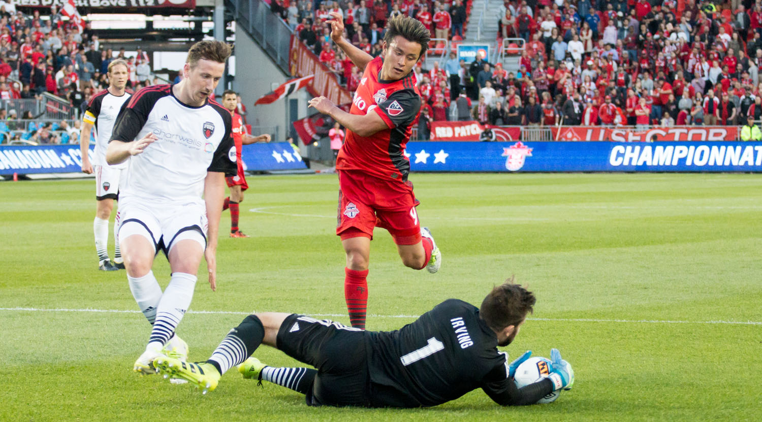 Tsubasa Endoh gets edged out by Ottawa Fury goalkeeper Callum Irving during the Canadian Championship in 2017.