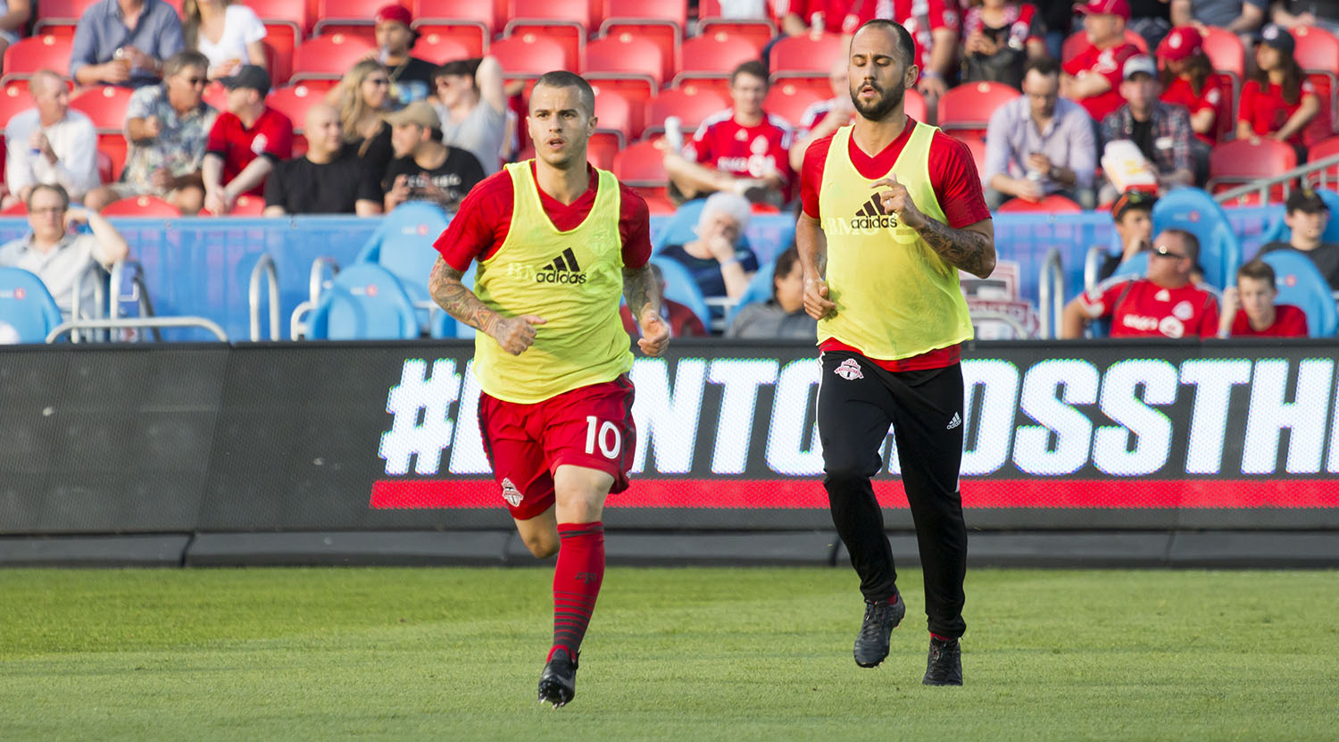 Sebastian Giovinco and Víctor Vázquez Solsona go about their training before a Major League Soccer match in 2017. Image by Dennis Marciniak of denMAR Media.