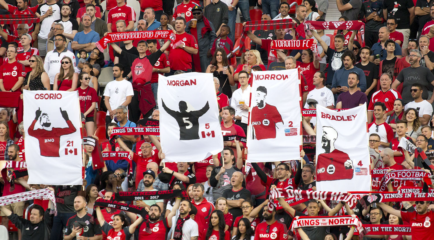 4 two sticks of Osorio, Morgan, Morrow and Bradley on display during the opening ceremonies at BMO Field in 2017.Image by Dennis Marciniak of denMAR Media.