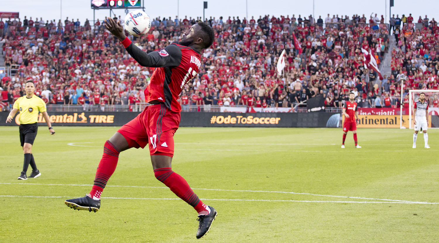 Jozy Altidore tries to trap the ball with his chest and bring it to ground at BMO Field in 2017. Image by Dennis Marciniak of denMAR Media.