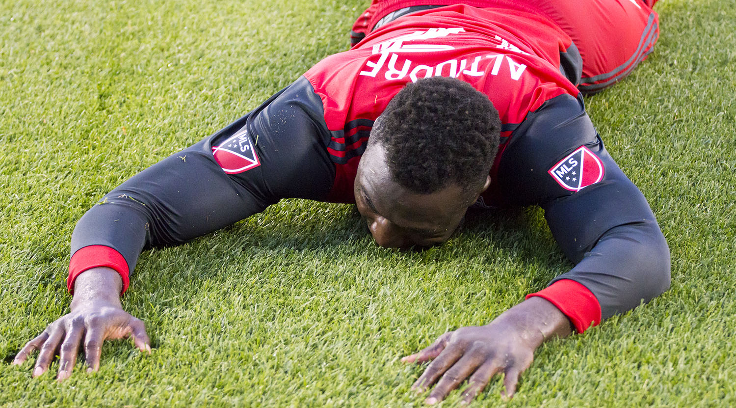 Jozy Alitdore on the ground stunned at a missed attempt. Image by Dennis Marciniak of denMAR Media.