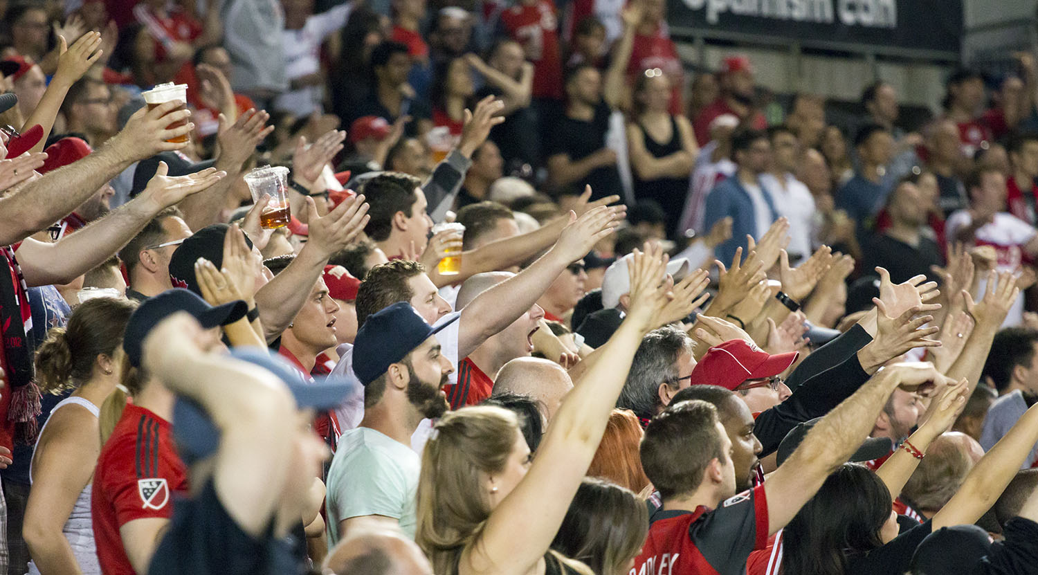 Supporters around BMO Field do the thunderclap as Toronto FC play for their first goal. Image by Dennis Marciniak of denMAR Media.