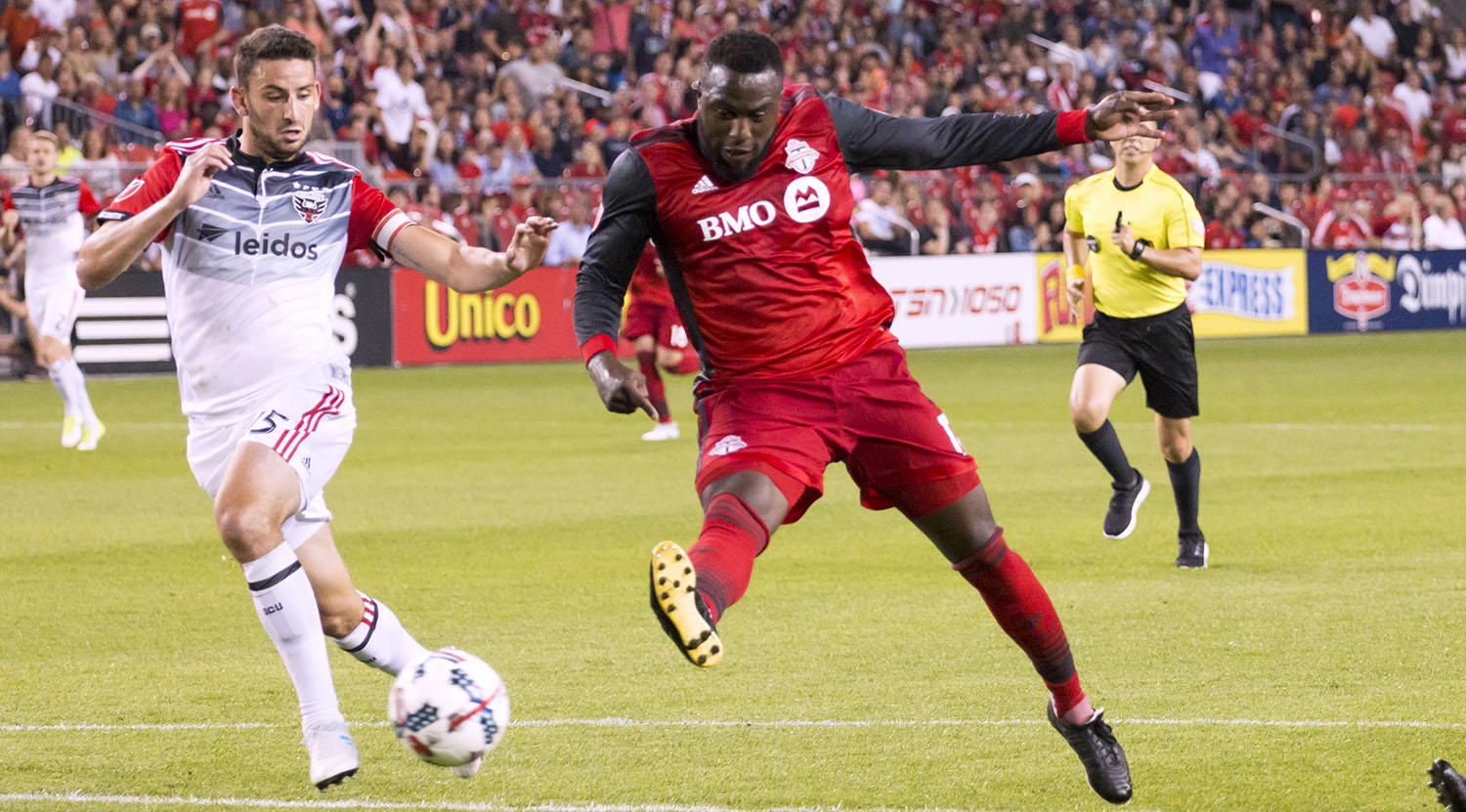 Jozy Altidore strikes the game winning goal into the back of the net on June 17, 2017 against DC United. Image by Dennis Marciniak of denMAR Media.