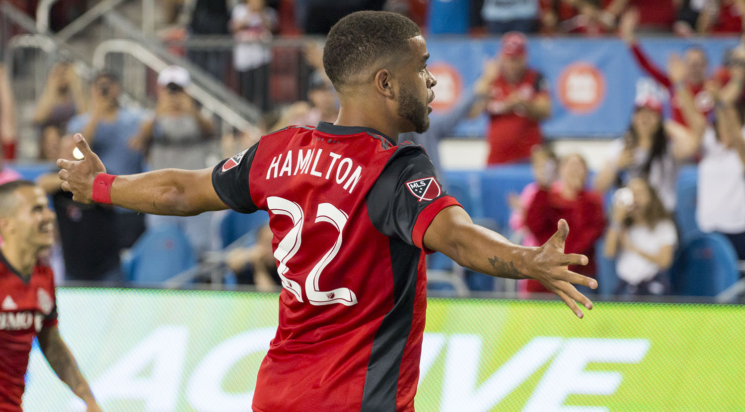 Jordan Hamilton celebrates the goal he just scored to take Toronto FC to 2 goals on the night. Image by Dennis Marciniak of denMAR Media.